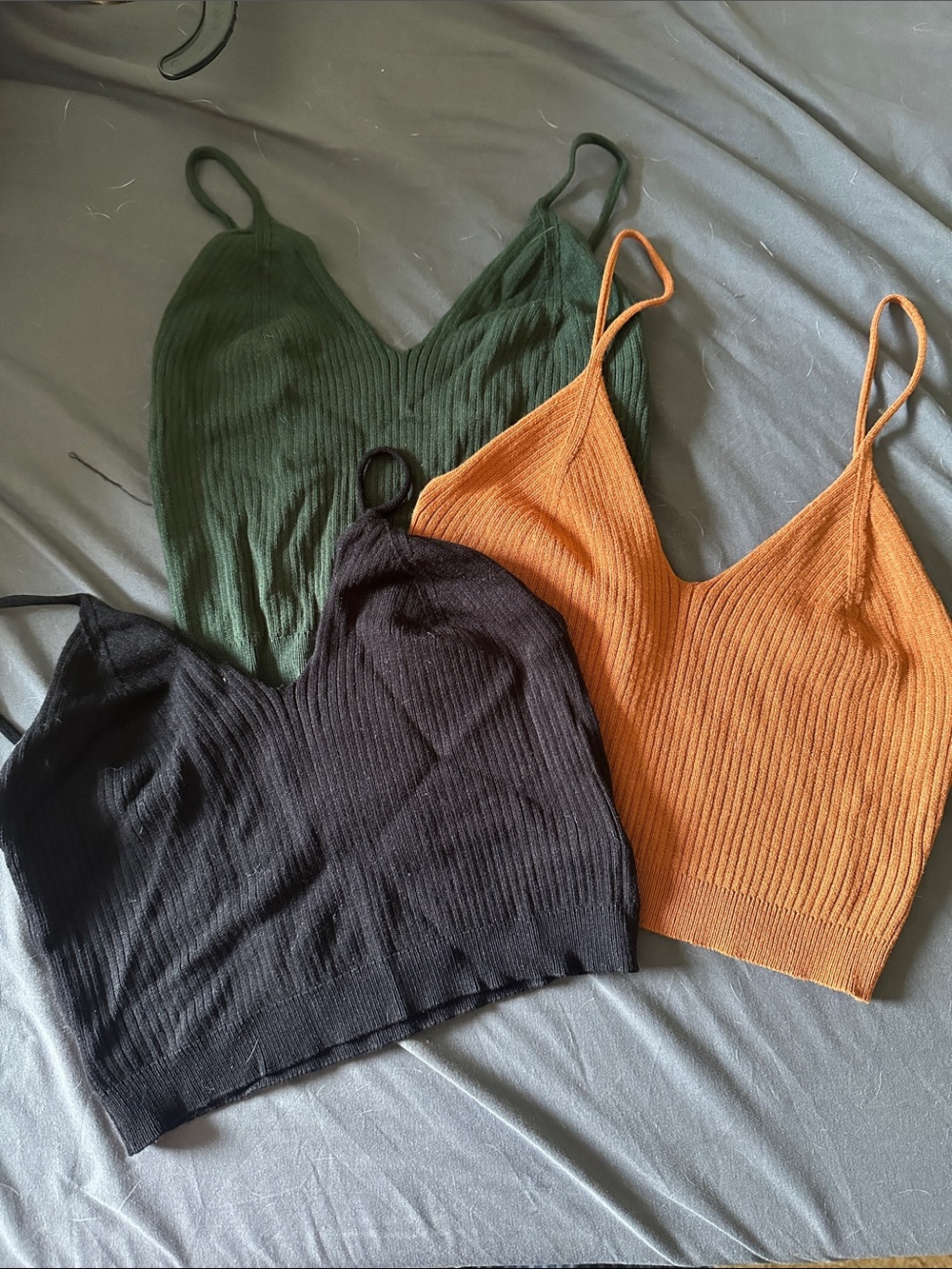 Ribbed V-Neck Spaghetti Strap Crop Top Bundle - Black, Olive, Rust